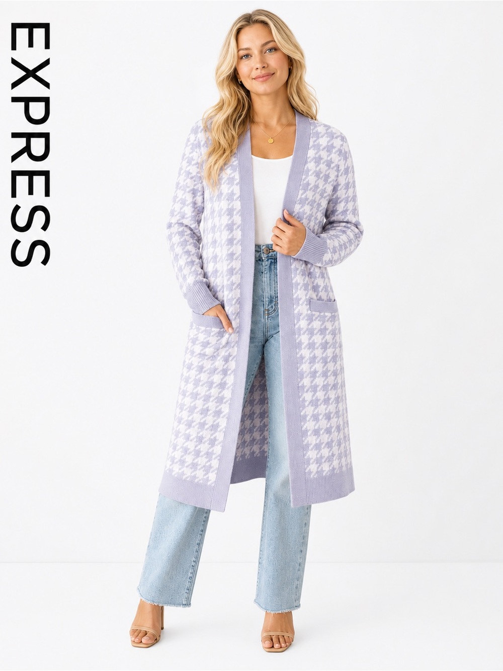 Express Houndstooth Long Cardigan Sweater Womens XS Cozy Preppy Office Wear